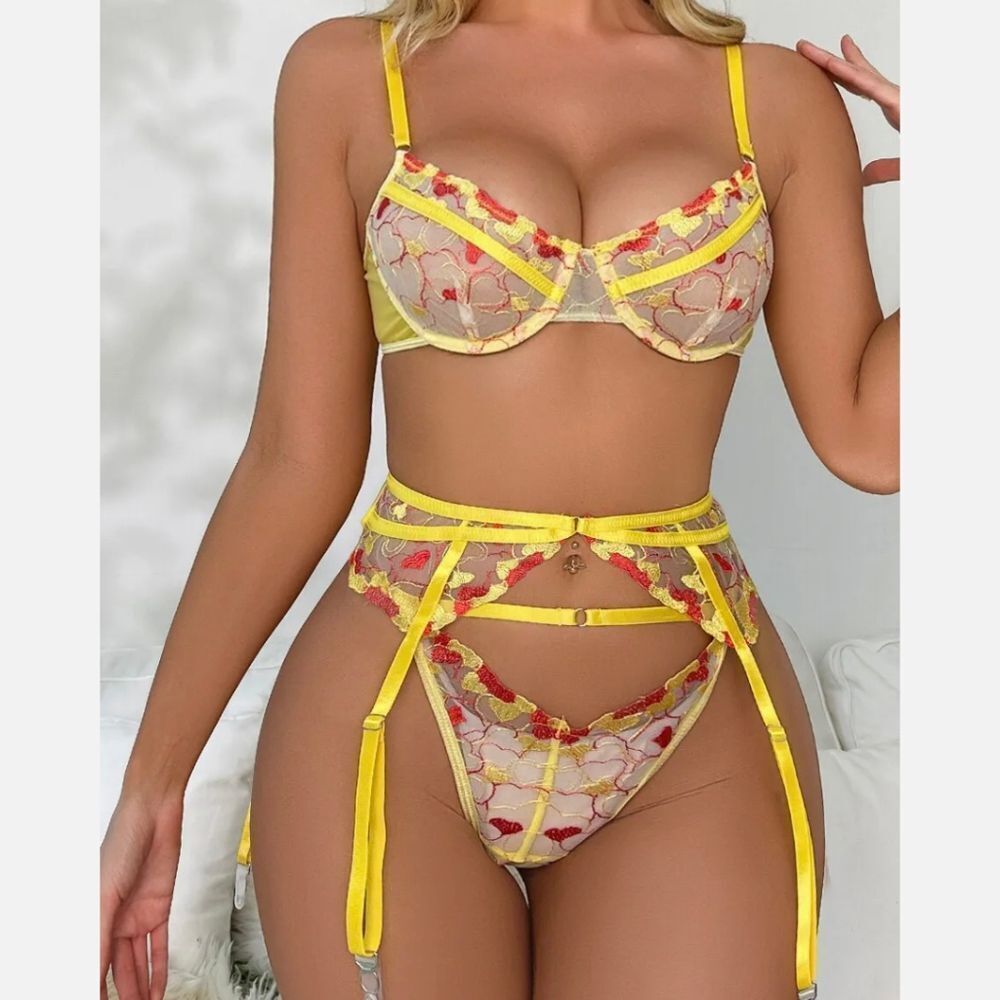 Yellow Underwear Bikini Sexy Lingerie Sling Neckline Transparent Bra Garter Set - Picture 5 of 7